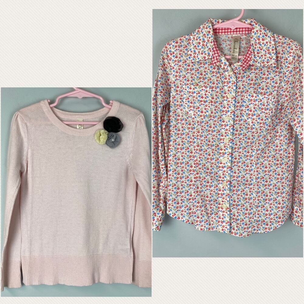 Girls Cherokee Bundle Floral Button Down Shirt & Pink Sweater Size XS 4/5